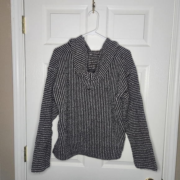 Black and White Cowl Neck Sweater with Stripes - Picture 2 of 4
